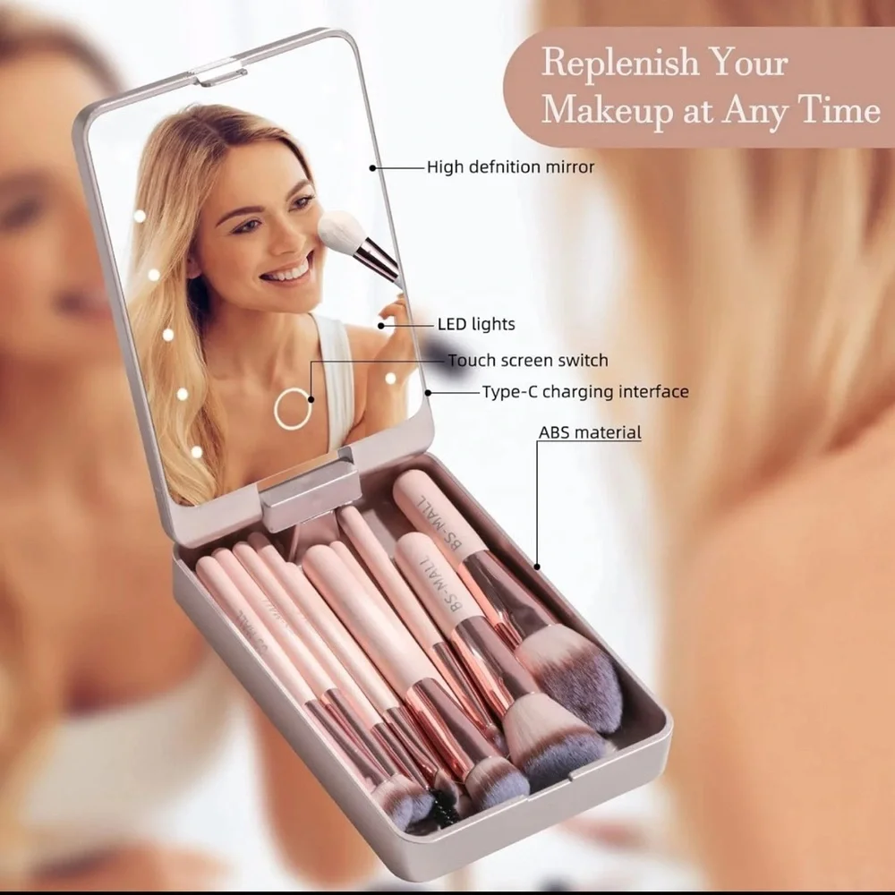 BS-Mall Travel Makeup Brush Set Case with LED Light Mirror